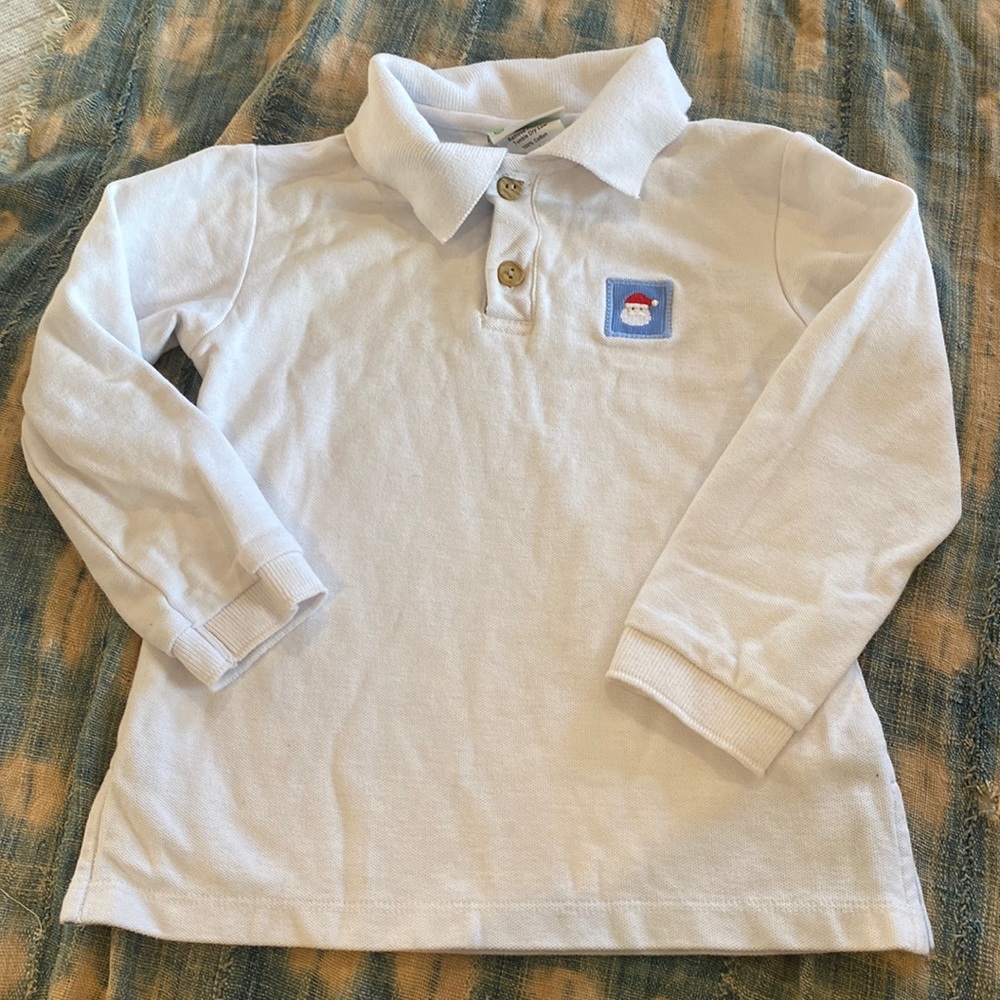 Zuccini Santa Christmas embroidered polo long sleeve size 4 cotton white blue